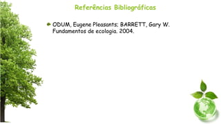 Referências Bibliográficas
ODUM, Eugene Pleasants; BARRETT, Gary W.
Fundamentos de ecologia. 2004.
 