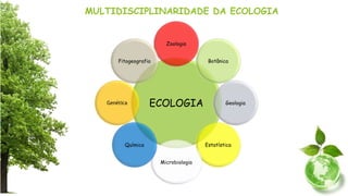 MULTIDISCIPLINARIDADE DA ECOLOGIA
ECOLOGIA
Zoologia
Botânica
Geologia
Estatística
Microbiologia
Química
Genética
Fitogeografia
 