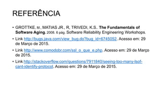 REFERÊNCIA
• GROTTKE, M., MATIAS JR., R, TRIVEDI, K.S.. The Fundamentals of
Software Aging. 2008. 6 pág. Software Reliability Engineering Workshops.
• Link http://bugs.java.com/view_bug.do?bug_id=6745052. Acesso em: 29
de Março de 2015.
• Link http://www.comodobr.com/ssl_o_que_e.php. Acesso em: 29 de Março
de 2015.
• Link http://stackoverflow.com/questions/7911840/seeing-too-many-lsof-
cant-identify-protocol. Acesso em: 29 de Março de 2015.
 