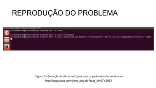 REPRODUÇÃO DO PROBLEMA
Figura 2 – Execução da classe test1.java com os parâmetros fornecidos em:
http://bugs.java.com/view_bug.do?bug_id=6745052
 