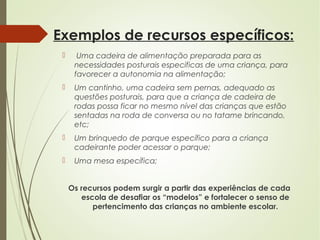 Exemplos de recursos específicos:
  Uma cadeira de alimentação preparada para as
necessidades posturais especificas de uma criança, para
favorecer a autonomia na alimentação;
 Um cantinho, uma cadeira sem pernas, adequado as
questões posturais, para que a criança de cadeira de
rodas possa ficar no mesmo nível das crianças que estão
sentadas na roda de conversa ou no tatame brincando,
etc;
 Um brinquedo de parque específico para a criança
cadeirante poder acessar o parque;
 Uma mesa específica;
 
Os recursos podem surgir a partir das experiências de cada
escola de desafiar os “modelos” e fortalecer o senso de
pertencimento das crianças no ambiente escolar.
 