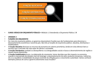 • CURSO: BÁSICO EM ORÇAMENTO PÚBLICO • Módulo 1: Entendendo o Orçamento Público | 9
• UNIDADE 2
• FUNÇÕES DO ORÇAMENTO
• Por meio do orçamento público, os governos desenvolvem funções que são fundamentais para direcionar o
desenvolvimento econômico e social do país. São três as funções do orçamento público: alocativa, distributiva e
estabilizadora.
• A Função Alocativa direciona os recursos da economia em setores prioritários, tendo em vista oferecer bens e
serviços que o mercado não seja capaz de ofertar à sociedade.
• A Função Distributiva combate os desequilíbrios e as desigualdades sociais e busca o desenvolvimento de regiões e
classes menos favorecidas.
• A Função Estabilizadora busca, na elaboração do orçamento, tomar decisões que têm impacto na economia,
visando à manutenção de elevado nível de emprego, o desenvolvimento do setor produtivo (empresas, indústrias,
etc.) e o equilíbrio e estabilidade de preços (controle da inflação) para o crescimento sustentável. Vamos conhecer
exemplos práticos de como o governo desenvolve essas funções?
 