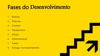 1. Briefing
2. Proposta
3. Contrato
4. Planejamento
5. Design
6. Implementação
7. Testes
8. Entrega / Acompanhamento
Fases do Desenvolvimento
 