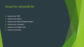 Arquivos necessários
 Arquivos por CDN;
 Arquivos por Bower;
 Arquivos por Node Package Manager;
 Arquivos por Composer;
 Arquivos do Código Fonte;
 Arquivos principais;
 