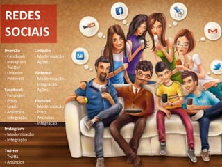 REDES
SOCIAIS
Imersão
- Facebook
- Instagram
- Twitter
- Linkedin
- Pinterest
Facebook
- Fanpages
- Posts
- Leads
- Anúncios
- Integração
Instagram
- Modernização
- Integração
Twitter
- Twitts
- Anúncios
Linkedin
- Modernização
- Ações
Pinterest
- Modernização
- Integração
- Ações
Youtube
- Modernização
- Posts
- Anúncios
- Integração
 