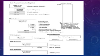 Propriedades básicas da arquitetura x86
• Micro-operações
Dividir a maioria das instruções em pedaços menores, são então entregues a
uma unidade de controlo para que possam ser executadas, parcialmente em
paralelo, por uma das várias unidades de execução.
• Registradores
• 8 registradores de uso geral dos quais 8 são estendidos,
• 6 registradores de segmento,
• 1 registrador de flags,
• um Apontador de Execução (Instruction Pointer)
• 16 para propósito de multimédia e aritmética de ponto flutuante SSE.
07/09/2015
 