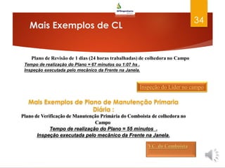 Mais Exemplos de CL
34
Plano de Revisão de 1 dias (24 horas trabalhadas) de colhedora no Campo
Tempo de realização do Plano = 67 minutos ou 1:07 hs .
Inspeção executada pelo mecânico da Frente na Janela.
Inspeção do Lider no campo
Mais Exemplos de Plano de Manutenção Primaria
Diária :
Plano de Verificação de Manutenção Primária do Comboista de colhedora no
Campo
Tempo de realização do Plano = 55 minutos .
Inspeção executada pelo mecânico da Frente na Janela.
 