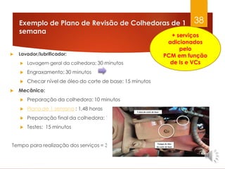 Exemplo de Plano de Revisão de Colhedoras de 1
semana
 Lavador/lubrificador:
 Lavagem geral da colhedora: 30 minutos
 Engraxamento: 30 minutos
 Checar nível de óleo do corte de base: 15 minutos
 Mecânico:
 Preparação da colhedora: 10 minutos
 Plano de 1 semana : 1,48 horas
 Preparação final da colhedora: 10 minutos
 Testes: 15 minutos
Tempo para realização dos serviços = 3,47 horas
38
Tampa de óleo
do corte de base
Caixa do corte de base
+ serviços
adicionados
pelo
PCM em função
de Is e VCs
 