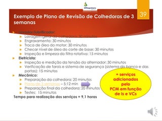 Exemplo de Plano de Revisão de Colhedoras de 3
semanas
 Lavador/lubrificador:
 Lavagem geral da colhedora: 30 minutos
 Engraxamento: 30 minutos
 Troca de óleo do motor: 30 minutos
 Checar nível de óleo do corte de base: 30 minutos
 Inspeção e limpeza do filtro rotativo: 15 minutos
 Eletricista:
 Inspeção e medição da tensão do alternador: 30 minutos
 Verificação de farois e sistema de segurança (sistema do banco e das
portas): 15 minutos
 Mecânico:
 Preparação da colhedora: 20 minutos
 Plano de 3 semanas – 5:12 min
 Preparação final da colhedora: 20 minutos
 Testes: 15 minutos
Tempo para realização dos serviços = 9,1 horas
39
+ serviços
adicionados
pelo
PCM em função
de Is e VCs
 