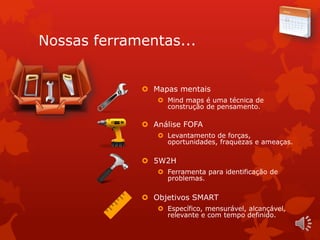 Nossas ferramentas...
 Mapas mentais
 Mind maps é uma técnica de
construção de pensamento.
 Análise FOFA
 Levantamento de forças,
oportunidades, fraquezas e ameaças.
 5W2H
 Ferramenta para identificação de
problemas.
 Objetivos SMART
 Específico, mensurável, alcançável,
relevante e com tempo definido.
 