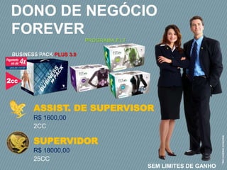 ASSIST. DE SUPERVISOR
R$ 1600,00
2CC
SUPERVIDOR
R$ 18000,00
25CC
DONO DE NEGÓCIO
FOREVER
SEM LIMITES DE GANHO
BUSINESS PACK PLUS 3.0
2CC
PROGRAMA F.I.T
 
