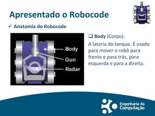 Apresentado o Robocode
 Anatomia do Robocode
 Body (Corpo):
A lataria do tanque. É usado
para mover o robô para
frente e para trás, para
esquerda e para a direita.
 