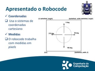 Apresentado o Robocode
 Coordenadas
 Usa o sistemas de
coordenadas
cartesiano
 Medidas
 O robocode trabalha
com medidas em
pixels
 