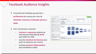 Facebook Audience Insights
Ferramenta do Facebook que permite o
perfilamento de usuários por meio de
afinidades, interesse...