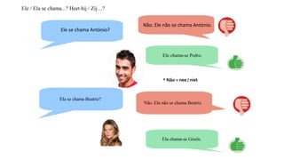 Ele se chama António?
Não. Ele não se chama António.
* Não = nee / niet
Ela se chama Beatriz?
Não. Ela não se chama Beatriz.
Ele chama-se Pedro.
Ela chama-se Gisele.
Ele / Ela se chama...? Heet hij / Zij ...?
 