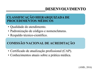 _________________DESENVOLVIMENTO
CLASSIFICAÇÃO HIERARQUIZADA DE
PROCEDIMENTOS MÉDICOS
• Qualidade do atendimento.
• Padronização de códigos e nomenclaturas.
• Respaldo técnico-científico.
COMISSÃO NACIONAL DE ACREDITAÇÃO
• Certificado de atualização profissional (CAP).
• Conhecimentos atuais sobre a prática médica.
(AMB., 2016)
 