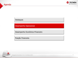 Divulgação de Resultados 1T13| 14 de Maio de 2013
Desempenho Operacional
Desempenho Econômico-Financeiro
Destaques
Posição Financeira
5
Agenda
 