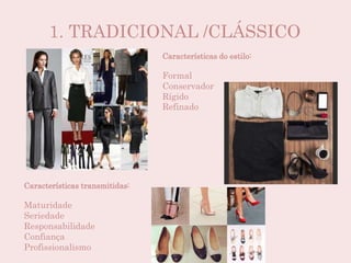 1. TRADICIONAL /CLÁSSICO
Características do estilo:
Formal
Conservador
Rígido
Refinado
Características transmitidas:
Maturidade
Seriedade
Responsabilidade
Confiança
Profissionalismo
 