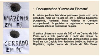 • Documentário “Cinzas da Floresta”
O artista paulista Mundano percorreu junto com uma
expedição mais de 10.000 km em 4 biomas brasileiros
(Amazônia, Pantanal, Mata Atlântica e Cerrado)
acompanhando brigadistas e registrando imagens e
entrevista sobre as queimadas no país.
O artista pintará um mural de 780 m² no Centro de São
Paulo com a tinta produzida a partir das cinzas de
florestas que foram queimadas nos últimos meses. A obra
ficará na rua Capitão Mor Jerônimo Leitão, no bairro da
República, região central da cidade de São Paulo.
 