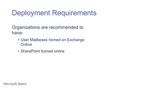 Deployment Requirements
Organizations are recommended to
have:
• User Mailboxes homed on Exchange
Online
• SharePoint homed online
 
