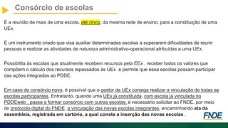 Consórcio de escolas
É a reunião de mais de uma escola, até cinco, da mesma rede de ensino, para a constituição de uma
UEx.
É um instrumento criado que visa auxiliar determinadas escolas a superarem dificuldades de reunir
pessoas e realizar as atividades de natureza administrativo-operacional atribuídas a uma UEx.
Possibilita às escolas que atualmente recebem recursos pela EEx , receber todos os valores que
compõem o cálculo dos recursos repassados às UEx e permite que essa escolas possam participar
das ações integradas ao PDDE.
Em caso de consórcio novo, é possível que o gestor da UEx consiga realizar a vinculação de todas as
escolas participantes. Entretanto, quando uma UEx já constituída, com escola já vinculada no
PDDEweb , passa a formar consórcio com outras escolas, é necessário solicitar ao FNDE, por meio
do protocolo digital do FNDE, a vinculação das novas escolas integrantes, encaminhando ata da
assembleia, registrada em cartório, a qual consta a inserção das novas escolas .
 