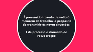 É presumido traze-lo de volta á
memoria de trabalho, a propósito
de transmitir as novas situações.
Este processo e chamado de
recuperação
 