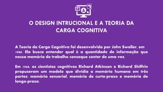 O DESIGN INTRUCIONAL E A TEORIA DA
CARGA COGNITIVA
A Teoria da Carga Cognitiva foi desenvolvida por John Sweller, em
1988. Ela busca entender qual é a quantidade de informação que
nossa memória de trabalho conseque conter de uma vez.
Em 1968, os cientistas cognitivos Richard Atkinson e Richard Shiffrin
propuseram um modelo que dividia a memória humana em três
partes: memória sensorial, memória de curto-prazo e memória de
longo-prazo.
 