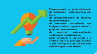 Paralelamente, o desenvolvimento
de habilidade metacognitivas por
meio:
do compartilhamento de objetivos
de aprendizagem,
de conversas instrucionais que
instigam o aluno a pensar sobre os
próprios pensamentos e
de coletivas) auto-avaliações
continuadas (individuais ou
pode aumentar a consciência e o
controle sobre os processos mentais
e, por conseguinte, possibilitar unta
aprendizagem mais efetiva.
 