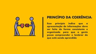 PRINCÍPIO DA COERÊNCIA:
Esse princípio indica que a
apresentação de informações deve
ser feita de forma consistente e
organizada, para que a gente
possa compreender e lembrar do
que está sendo aprendido
 