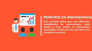 PRINCÍPIO DA REDUNDÂNCIA:
Esse princípio indica que usar diferentes
modalidades de apresentação pode
ajudar a fixar melhor as informações
aprendidas, desde que não seja feita uma
repetição excessiva.
 