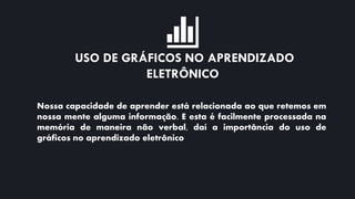 USO DE GRÁFICOS NO APRENDIZADO
ELETRÔNICO
Nossa capacidade de aprender está relacionada ao que retemos em
nossa mente alguma informação. E esta é facilmente processada na
memória de maneira não verbal, daí a importância do uso de
gráficos no aprendizado eletrônico
 