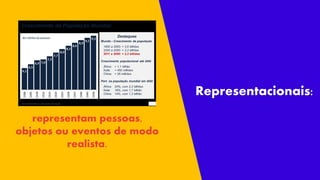 representam pessoas,
objetos ou eventos de modo
realista.
Representacionais:
 