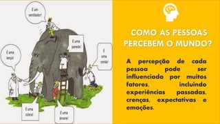 A percepção de cada
pessoa pode ser
influenciada por muitos
fatores, incluindo
experiências passadas,
crenças, expectativas e
emoções.
COMO AS PESSOAS
PERCEBEM O MUNDO?
 