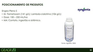 32
Engeo Pleno S
• IA: Tiametoxam (141 g/L); Lambda-cialotrina (106 g/L);
• Dose: 150 – 250 mL/ha;
• MA: Contato, ingestão e sistêmico.
POSICIONAMENTO DE PRODUTOS
Fonte: Agrolink, 2023.
 
