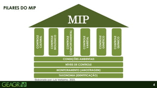 4
PILARES DO MIP
TAXONOMIA (IDENTITICAÇÃO)
NÍVEIS DE CONTROLE
MONITORAMENTO (AMOSTRAGEM)
CONDIÇÕES AMBIENTAIS
CONTROLE
CULTURAL
CONTROLE
COMPORTAMENTAL
CONTROLE
BIOLÓGICO
CONTROLE
GENÉTICO
CONTROLE
QUÍMICO
CONTROLE
VARIETAL
MIP
Elaborado por: Luís Veríssimo, 2023.
 