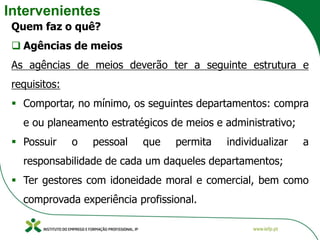 Intervenientes
Quem faz o quê?
❑ Agências de meios
As agências de meios deverão ter a seguinte estrutura e
requisitos:
▪ Comportar, no mínimo, os seguintes departamentos: compra
e ou planeamento estratégicos de meios e administrativo;
▪ Possuir o pessoal que permita individualizar a
responsabilidade de cada um daqueles departamentos;
▪ Ter gestores com idoneidade moral e comercial, bem como
comprovada experiência profissional.
 