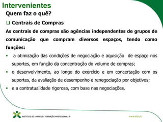 Intervenientes
Quem faz o quê?
❑ Centrais de Compras
As centrais de compras são agências independentes de grupos de
comunicação que compram diversos espaços, tendo como
funções:
▪ a otimização das condições de negociação e aquisição de espaço nos
suportes, em função da concentração do volume de compras;
▪ o desenvolvimento, ao longo do exercício e em concertação com os
suportes, da avaliação de desempenho e renegociação por objetivos;
▪ e a contratualidade rigorosa, com base nas negociações.
 