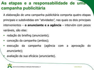 As etapas e a responsabilidade de uma
campanha publicitária
A elaboração de uma campanha publicitária comporta quatro etapas
principais e subdivididas em “atividades”, nas quais os dois principais
intervenientes – o anunciante e a agência – intervém com pesos
variáveis, são elas:
▪ redação do briefing (anunciante);
▪ conceção da campanha (ambos);
▪ execução da campanha (agência com a aprovação do
anunciante);
▪ avaliação da sua eficácia (anunciante).
 