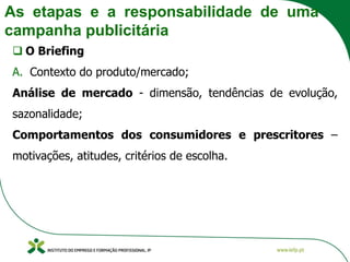 As etapas e a responsabilidade de uma
campanha publicitária
❑ O Briefing
A. Contexto do produto/mercado;
Análise de mercado - dimensão, tendências de evolução,
sazonalidade;
Comportamentos dos consumidores e prescritores –
motivações, atitudes, critérios de escolha.
 
