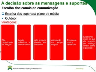 A decisão sobre as mensagens e suportes
Escolha dos canais de comunicação
❑ Escolha dos suportes: plano de média
▪ Outdoor
Vantagens:
Alta
capacidade
de fixação
Ampla
cobertura e
democrático
Alto impacto
devido seu
tamanho
Veiculação
em tempo
integral
Excelente
custo-
benefício
Excelente
meio no que
diz respeito
ao diálogo
direto como
o público;
 