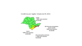 Incidência por região- Estado de SP, 2015
São Paulo área metropolitana
(exceto capitall)
~3000 novos casos/ano
34/100 000
Capital
~ 6000 novos casos/ano
49/100 000
Interior
~5000 novos casos/ano
23/100 000
Área metropolitana de Santos
1 -5000 novos casos/ano
81/100 000
 