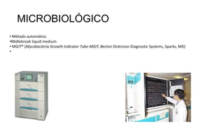 MICROBIOLÓGICO
• Método automático
•Midlebrook liquid medium
• MGIT® (Mycobacteria Growth Indicator Tube-MGIT, Becton Dickinson Diagnostic Systems, Sparks, MD)
•
 