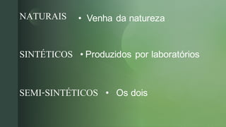 
NATURAIS
SINTÉTICOS
SEMI-SINTÉTICOS
• Venha da natureza
• Produzidos por laboratórios
• Os dois
 