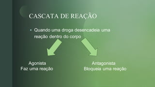 
CASCATA DE REAÇÃO
▪ Quando uma droga desencadeia uma
reação dentro do corpo
Agonista
Faz uma reação
Antagonista
Bloqueia uma reação
 