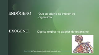 
ENDÓGENO
EXÓGENO
Que se origina no interior do
organismo
Que se origina no exterior do organismo
Esta Foto de Autor desconhecido está licenciada sob CC BY-SA-NC.
 