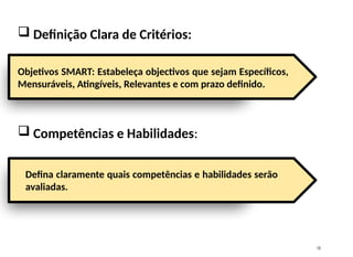 13
 Definição Clara de Critérios:
 Competências e Habilidades:
Defina claramente quais competências e habilidades serão
avaliadas.
Objetivos SMART: Estabeleça objectivos que sejam Específicos,
Mensuráveis, Atingíveis, Relevantes e com prazo definido.
 