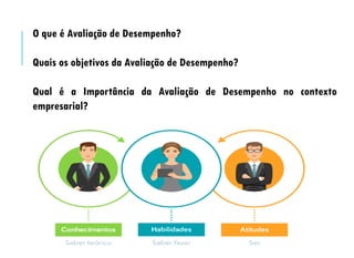 O que é Avaliação de Desempenho?
Quais os objetivos da Avaliação de Desempenho?
Qual é a Importância da Avaliação de Desempenho no contexto
empresarial?
 