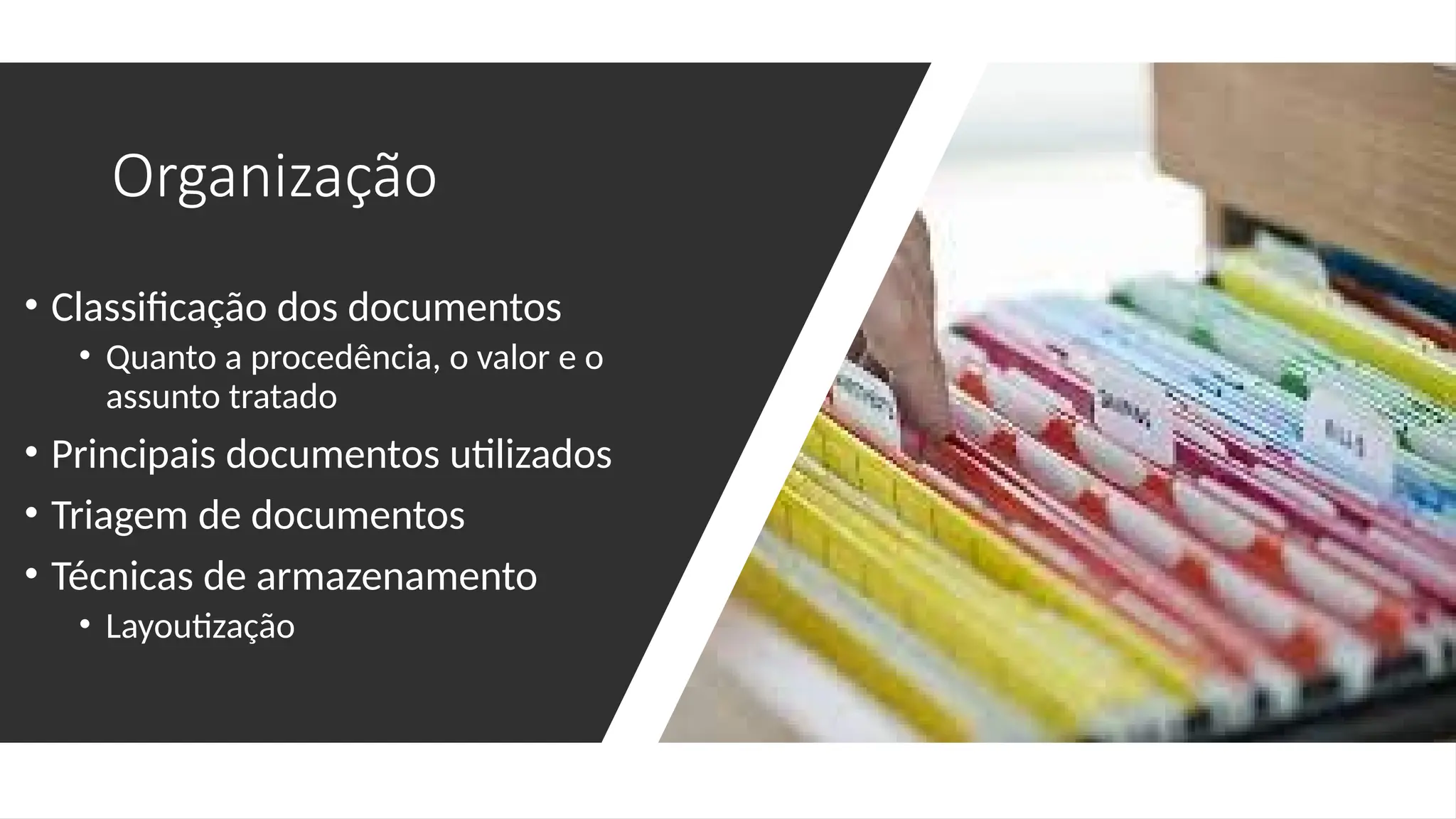 Organização
• Classificação dos documentos
• Quanto a procedência, o valor e o
assunto tratado
• Principais documentos utilizados
• Triagem de documentos
• Técnicas de armazenamento
• Layoutização
 