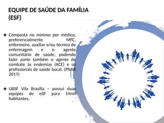 ◈ Composta no mínimo por médico,
preferencialmente MFC,
enfermeiro, auxiliar e/ou técnico de
enfermagem e o agente
comunitário de saúde, podendo
fazer parte também o agente de
combate às endemias (ACE) e os
profissionais de saúde bucal. (PNAB
2017)
◈ UBSF Vila Brasília – possui duas
equipes de eSF para 14mil
habitantes.
EQUIPE DE SAÚDE DA FAMÍLIA
(ESF)
 