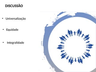 • Universalização
DISCUSSÃO
• Equidade
• Integralidade
 
